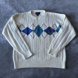 Vintage GANT Hand Intarsia Knit Golfer Argyle Sweater Mens L Embroidered